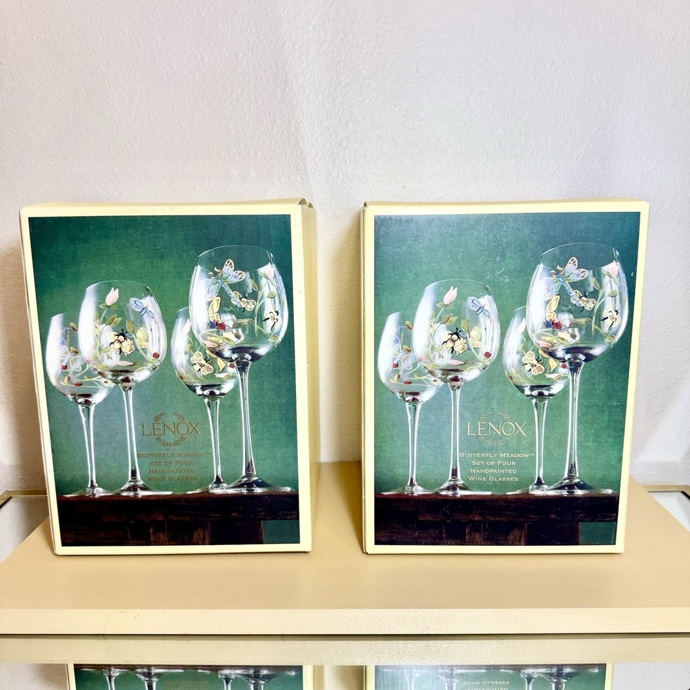 Lenox Butterfly Meadow Hand Painted Wine Glasses Ladybug Flowers set of (8) 9.5"